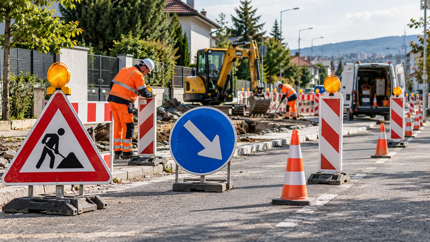 Dočasné dopravné značenie pri stavbe s dopravnými značkami, zábranami a výstražnými svetlami.